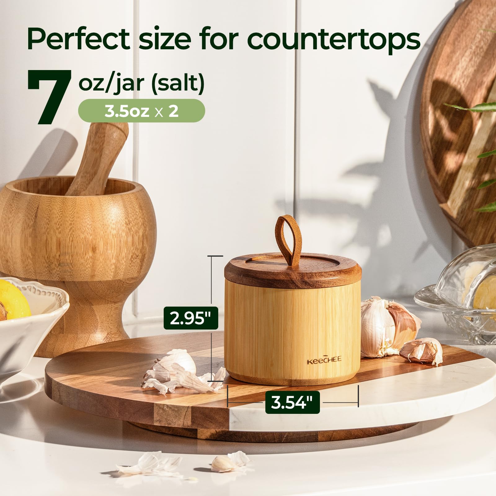 keechee Bamboo Salt Cellar with Acacia Lid & Spoon, 7oz Capacity with Built-In Spoon Slot & Labels, Two-Tone Countertop Seasoning Container (Dual Compartment (Divided) - 1 Pack) image 2