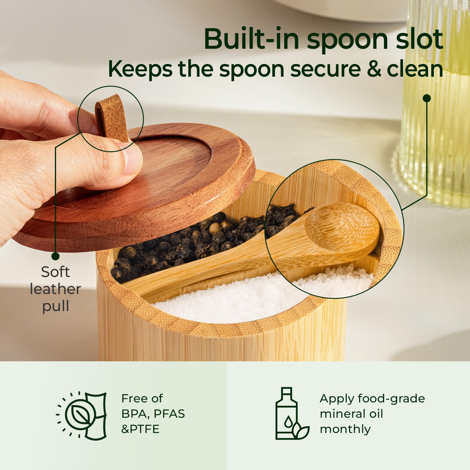 keechee Bamboo Salt Cellar with Acacia Lid & Spoon, 7oz Capacity with Built-In Spoon Slot & Labels, Two-Tone Countertop Seasoning Container (Dual Compartment (Divided) - 1 Pack) image 7