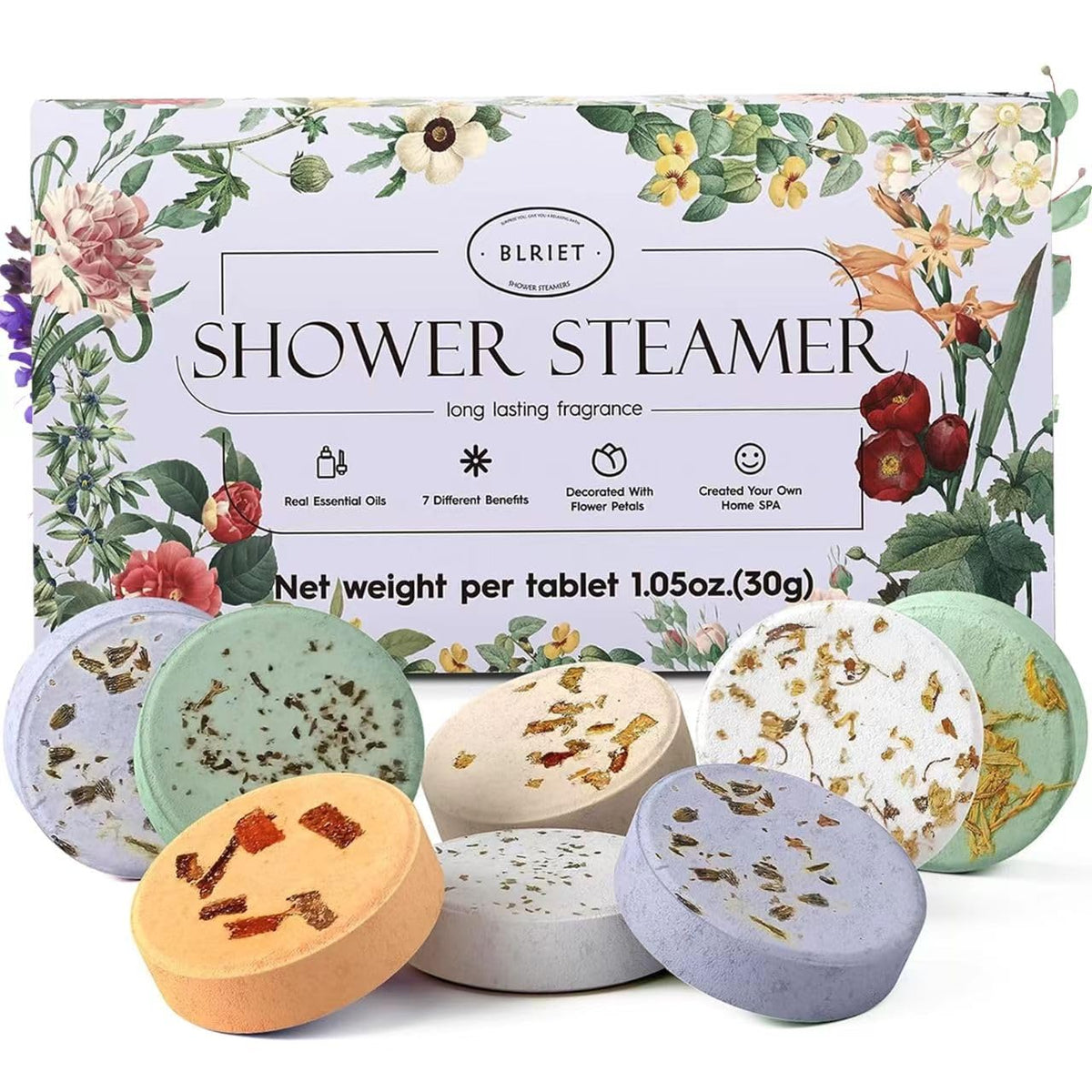 BLRIET aromatherapy shower steamers in assorted scents, 8-count box