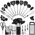 33-piece silicone, stainless steel cooking utensils laid out, spatulas, spoons, tongs