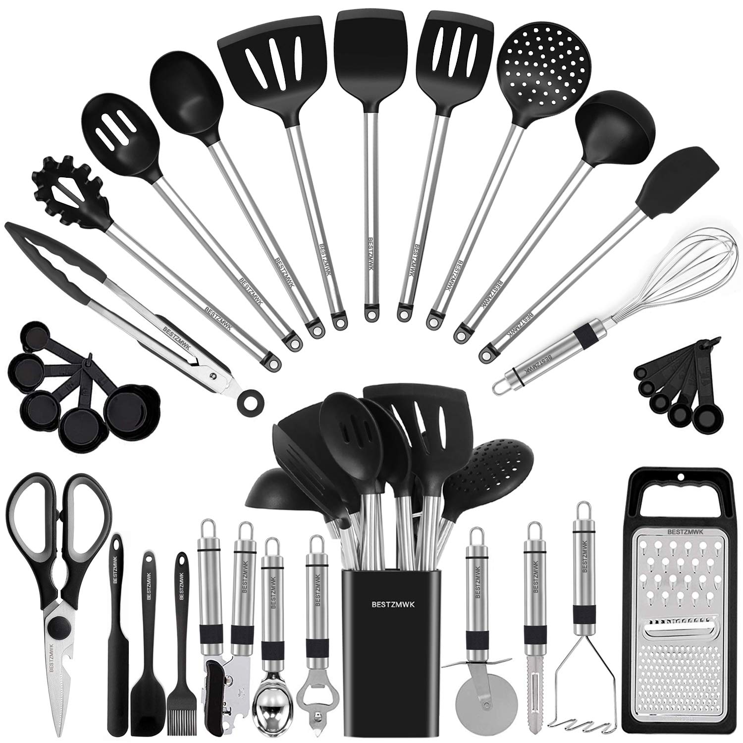 33-piece silicone, stainless steel cooking utensils laid out, spatulas, spoons, tongs