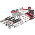 CRAFTSMAN 102-piece hand tool kit open showing sockets, wrenches, screwdrivers, pliers, hammer