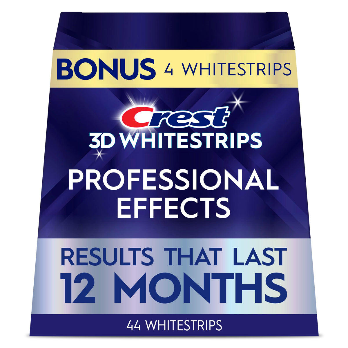 Box of Crest 3D Whitestrips enamel-safe whitening strips, 22 treatments (44 strips)
