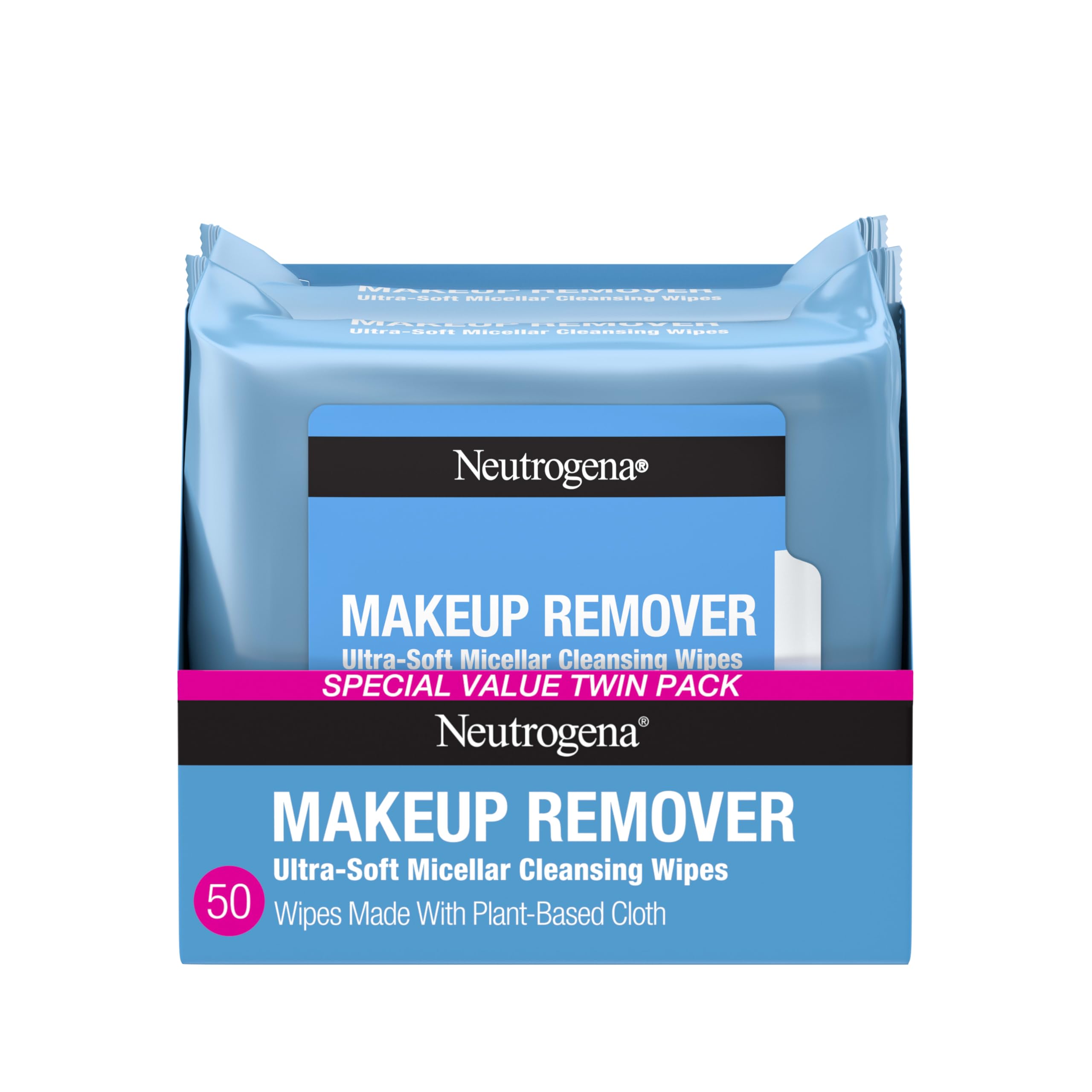 Two Neutrogena Micellar Makeup Remover Wipes 25-count units in white packaging
