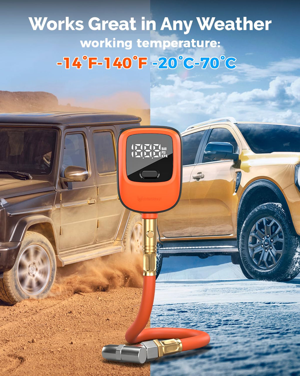 ETENWOLF T600 Digital Tire Pressure Gauge 250 PSI with Rubber Hose, Orange image 5