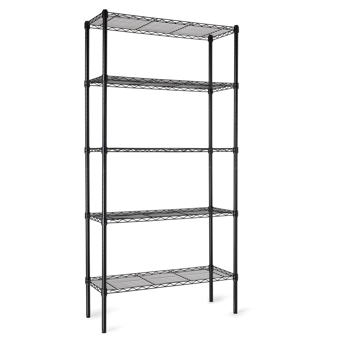 Black Amazon Basics 5-shelf adjustable steel wire storage shelving unit 36 x 14 x 72 inches