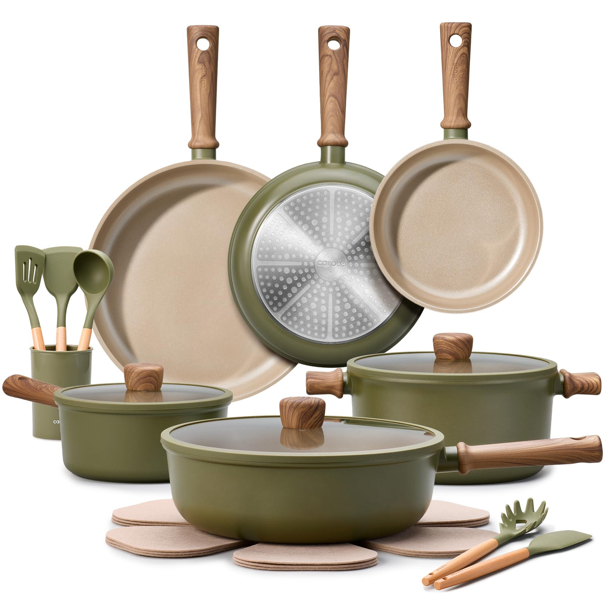 Green CAROTE 21-piece ceramic cookware, pots, pans, lids