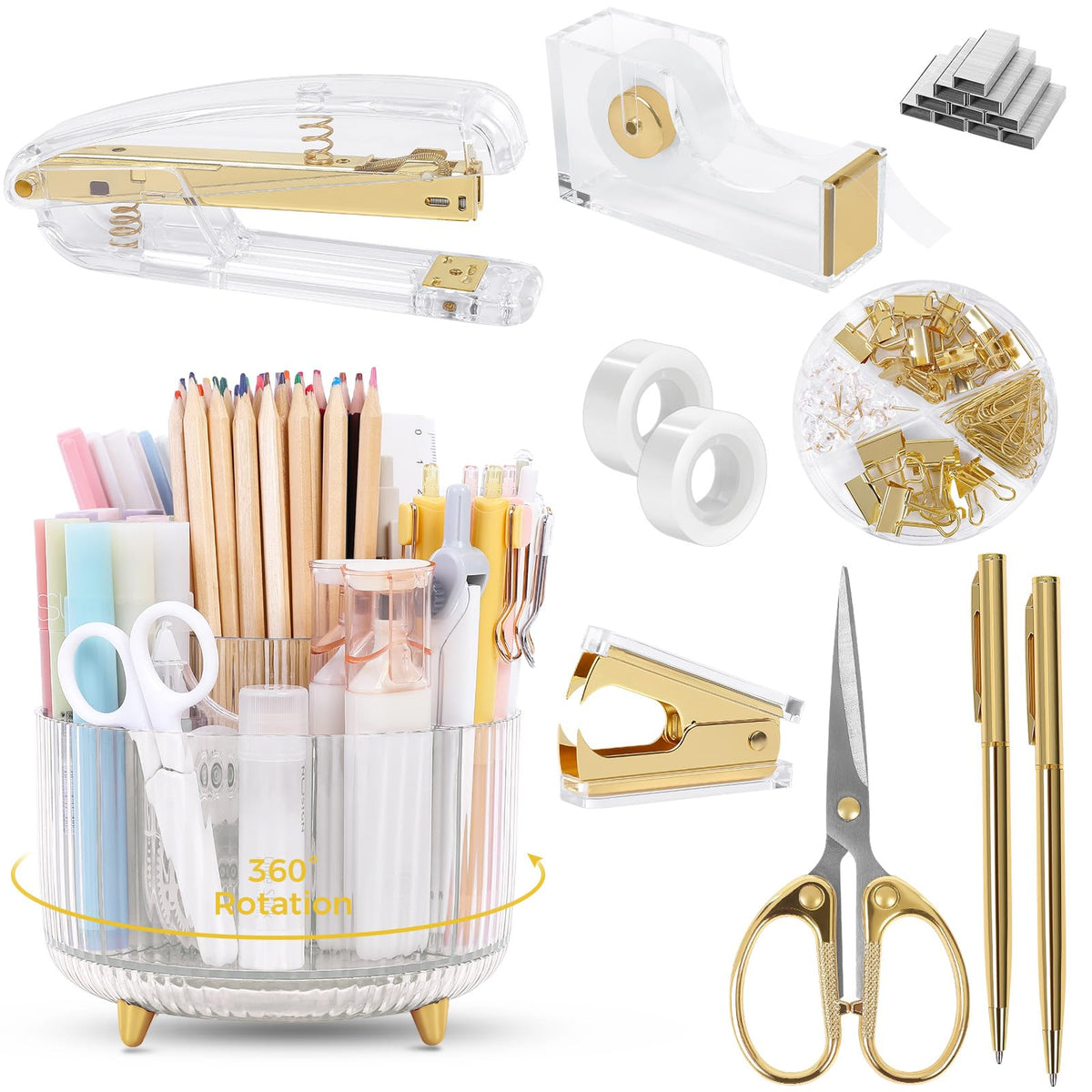 SKYDUE gold desk organizer with pencil holder on office desk