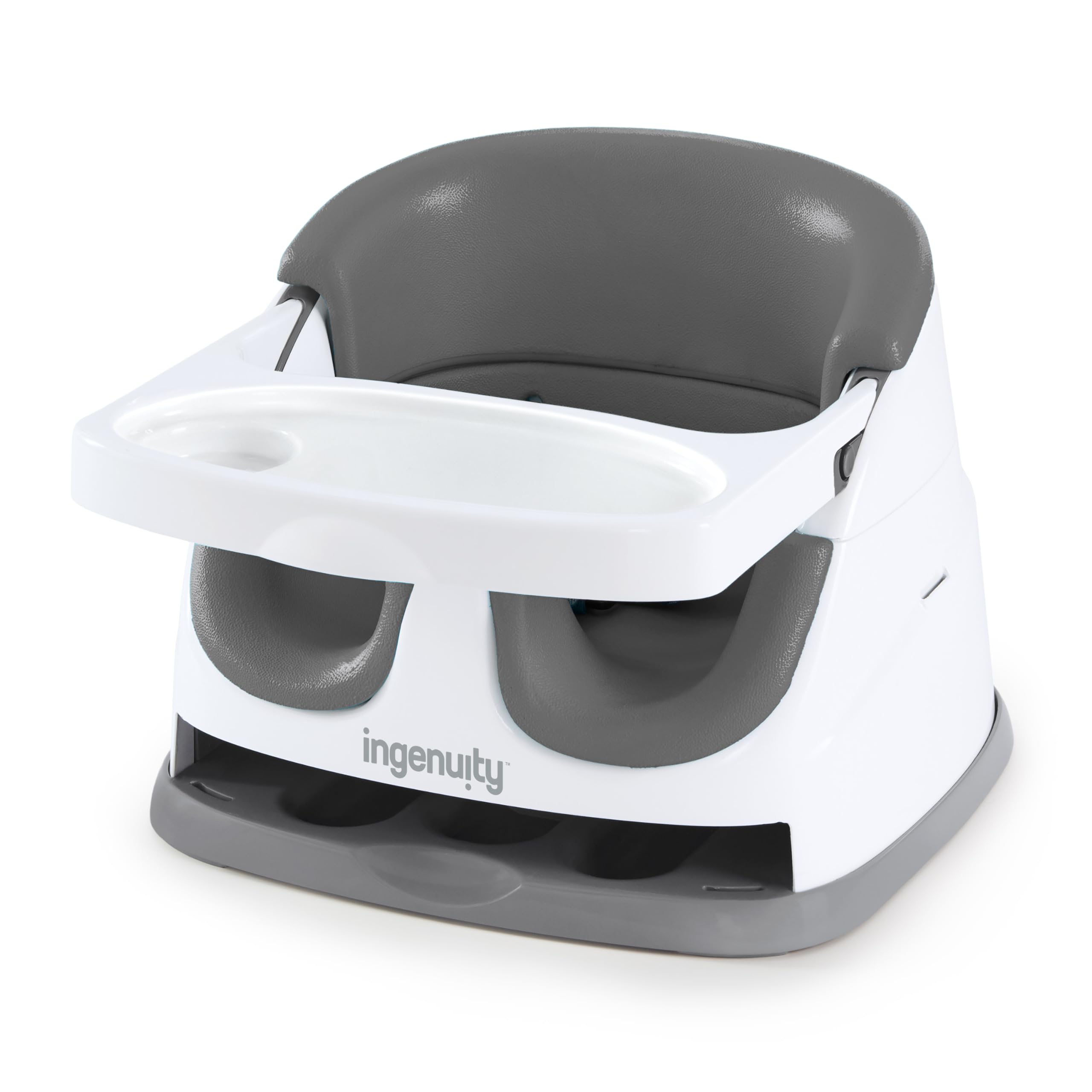 Slate Ingenuity Baby Base 2-in-1 booster feeding floor seat featuring self-storing tray