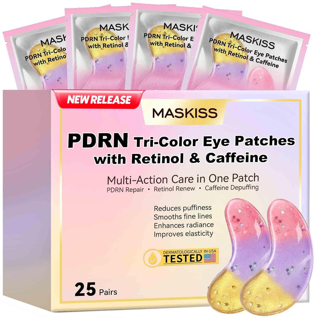 Maskiss PDRN Under Eye Patches (25 Pairs), Tri-Color Eye Gel Pads with Retinol Caffeine, Eye Masks for Dark Circles Puffy Eyes Wrinkles, Collagen Self Care Gifts for Women