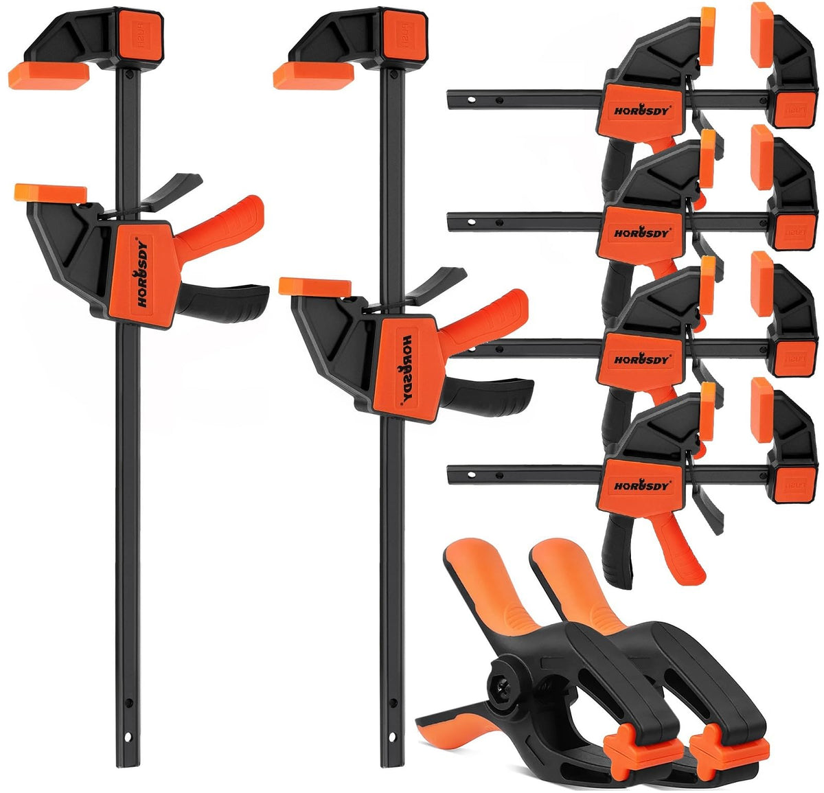 Eight HORUSDY bar clamps in 12in and 6in sizes showing metal bars and quick-release F-clamp handles