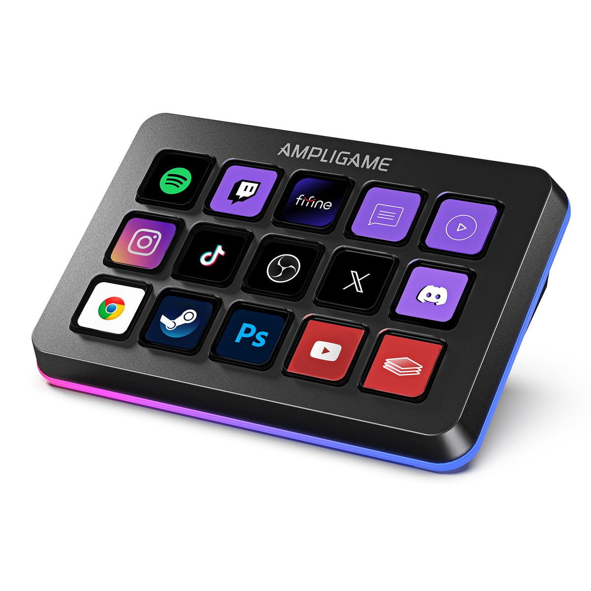 AmpliGame 15-key black stream controller keypad showing labeled macro buttons
