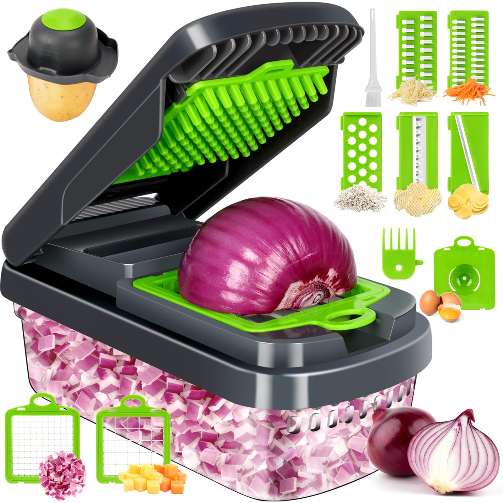 Yusshn 12-in-1 vegetable chopper, container, interchangeable blades