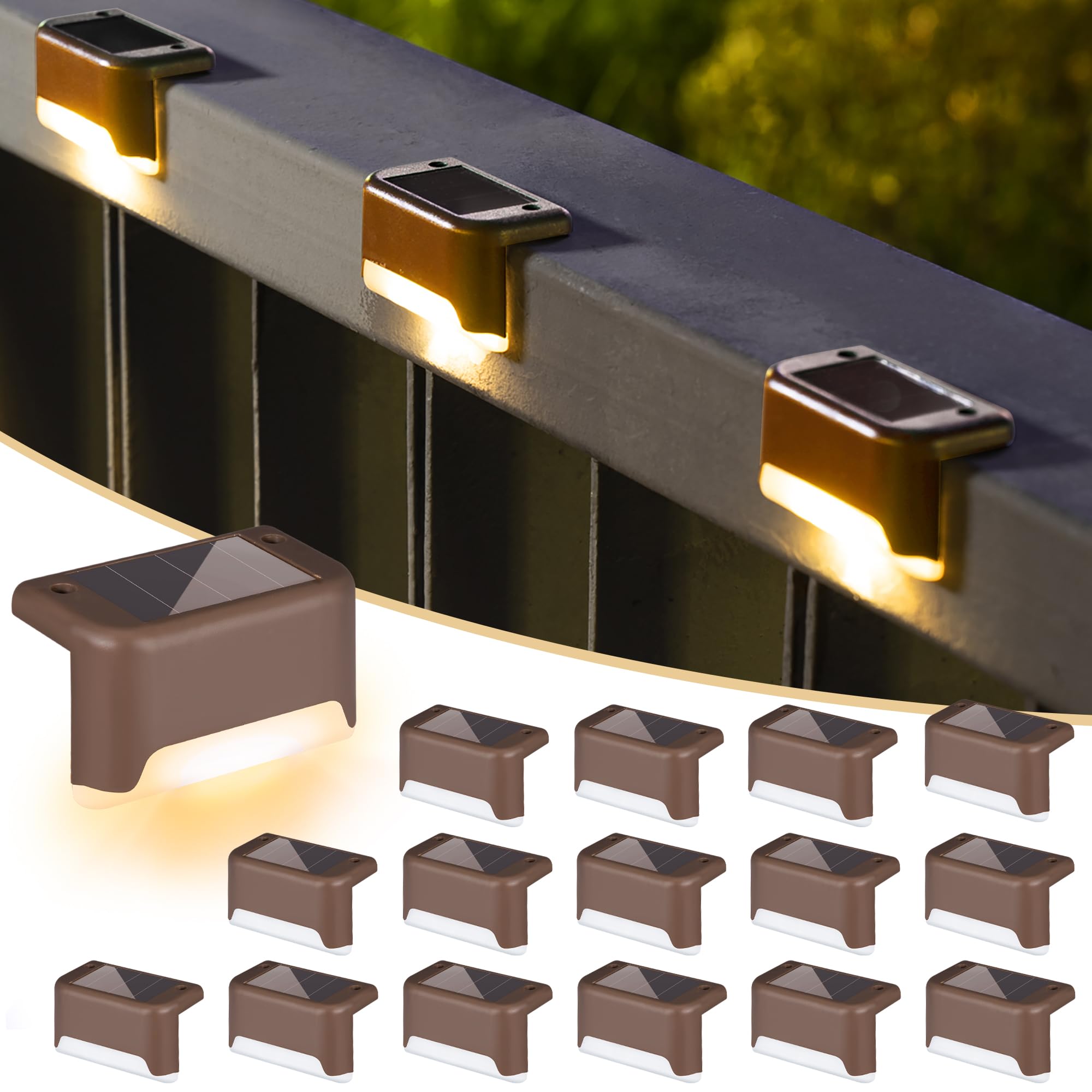 SOLPEX solar deck step light mounted on wooden deck, warm white LED, waterproof