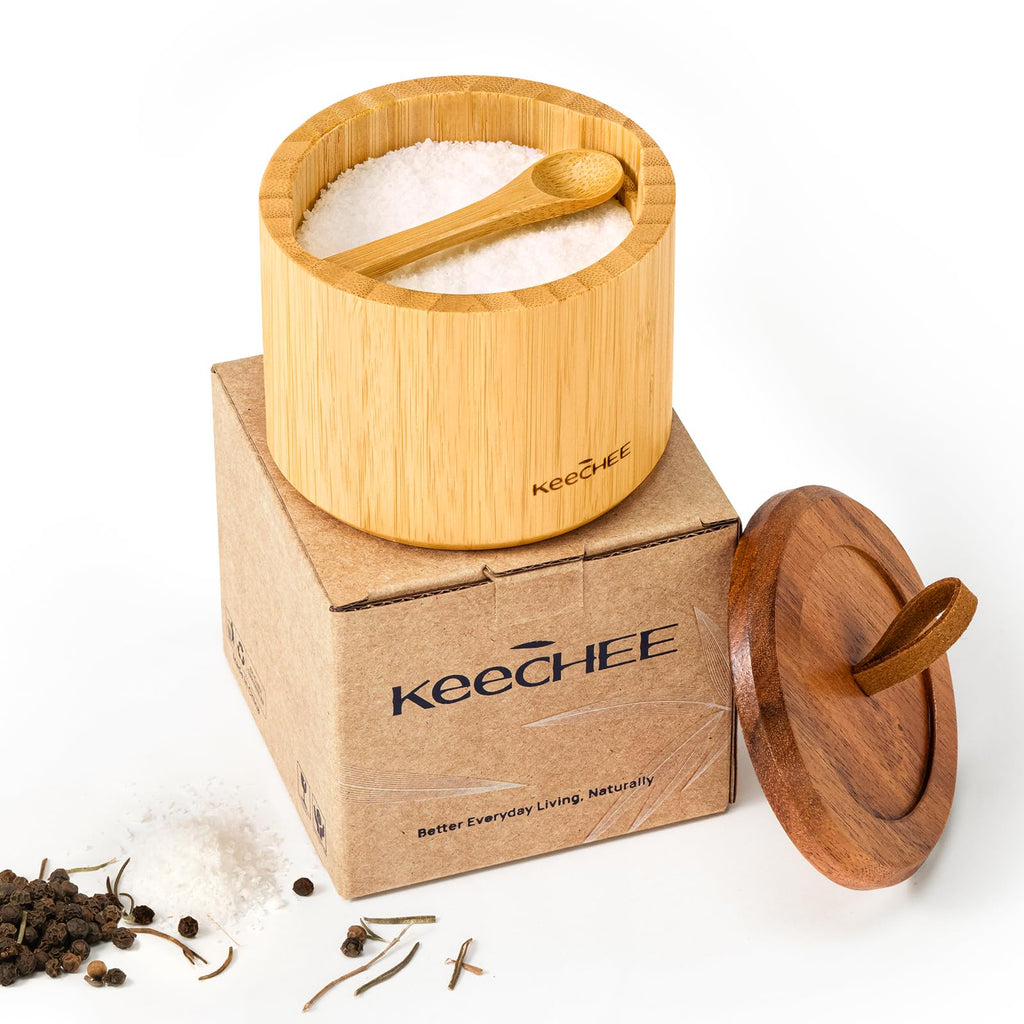 keechee Bamboo Salt Box with Acacia Lid & Spoon, 7.7oz Capacity with Built-In Spoon Slot & Labels, Two-Tone Countertop Seasoning Container (Single Compartment - 1 Pack)