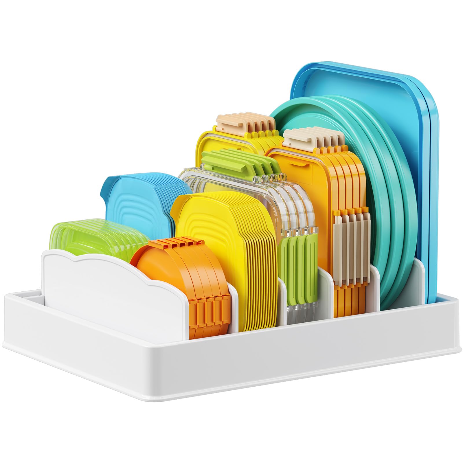 Lifewit cabinet lid organizer with seven vertical slots holding food container lids