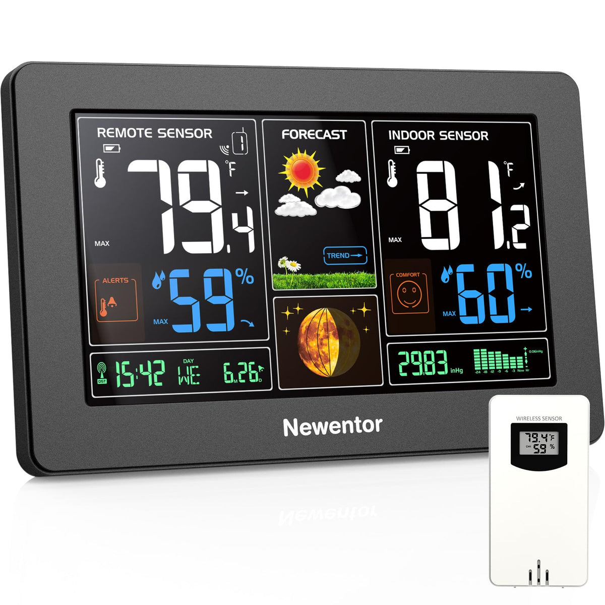 Black Newentor wireless indoor/outdoor weather station thermometer showing one remote sensor