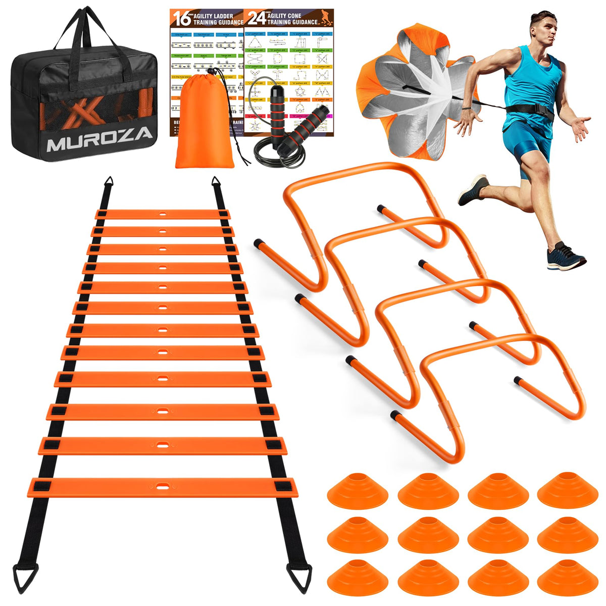 MUROZA 20ft agility ladder laid flat on turf, adjustable rungs visible