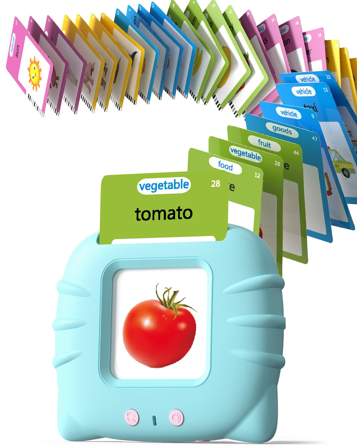 Blue Airbition talking flash cards spread showing pictures and words for toddlers