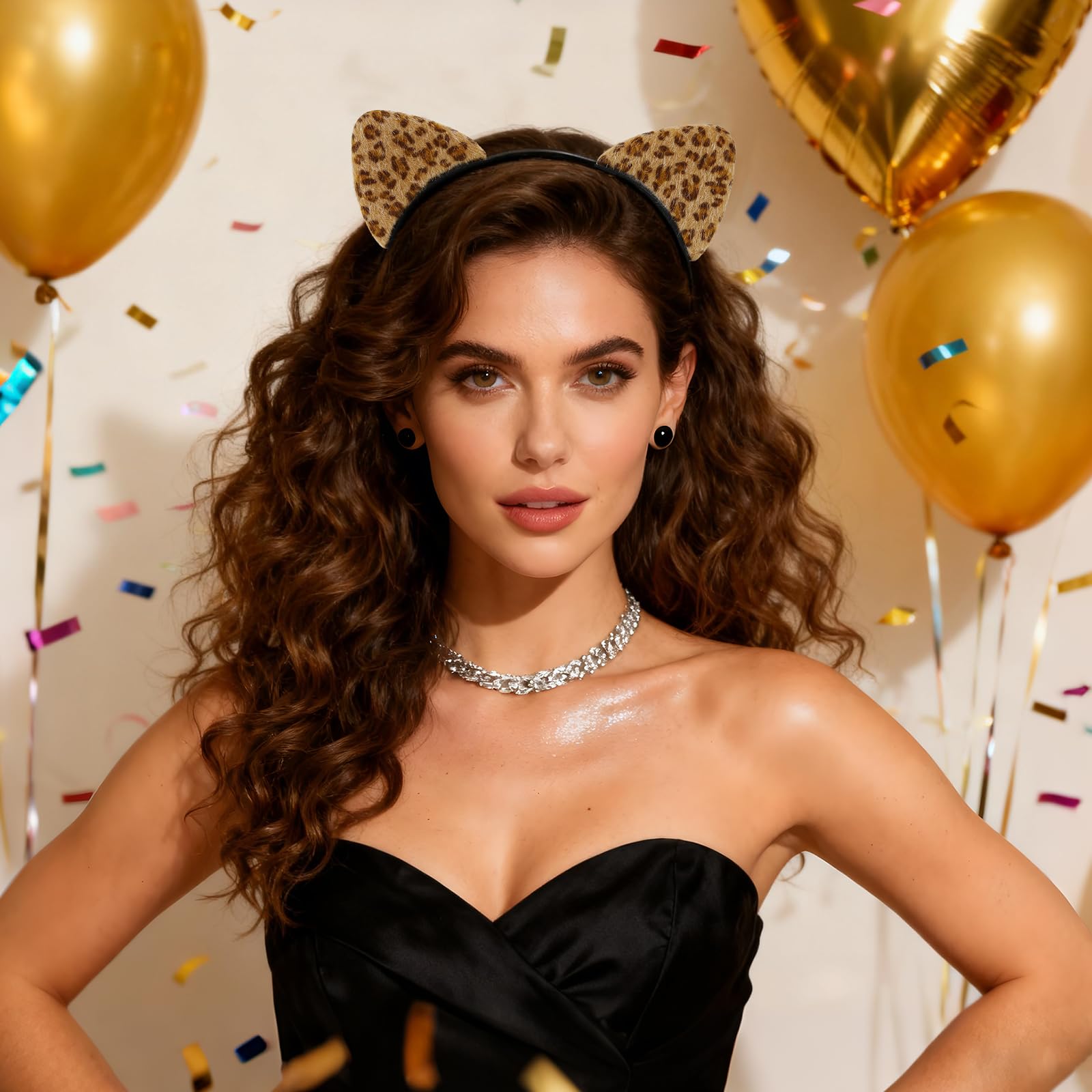 MANLENO Leopard Ears Headband for Women,Furry Cheetah Cat Ears Headband for Halloween Christmas Costume Party (Gold) image 5