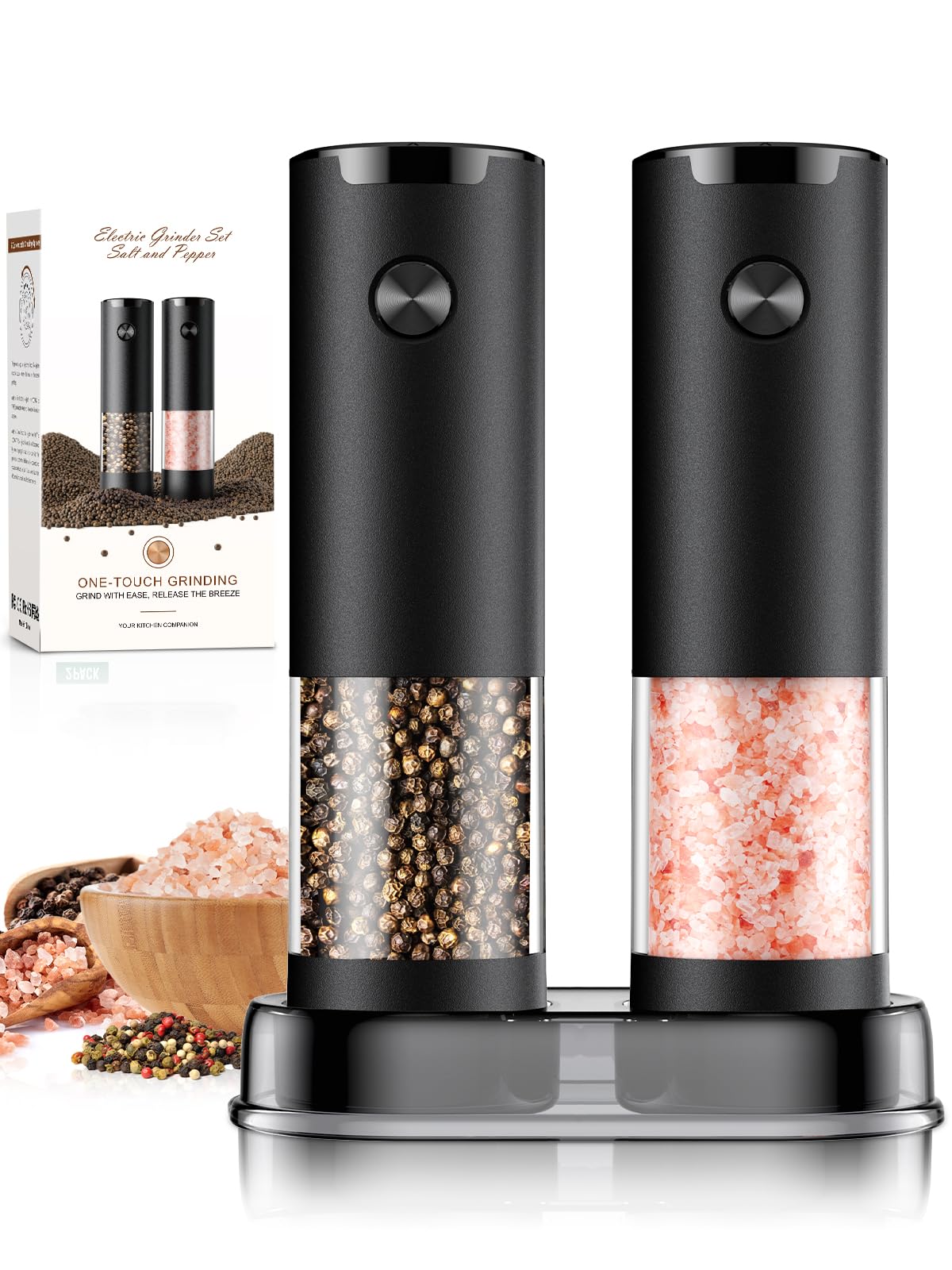 ioion electric salt and pepper grinders showing LED lights and adjustable coarseness