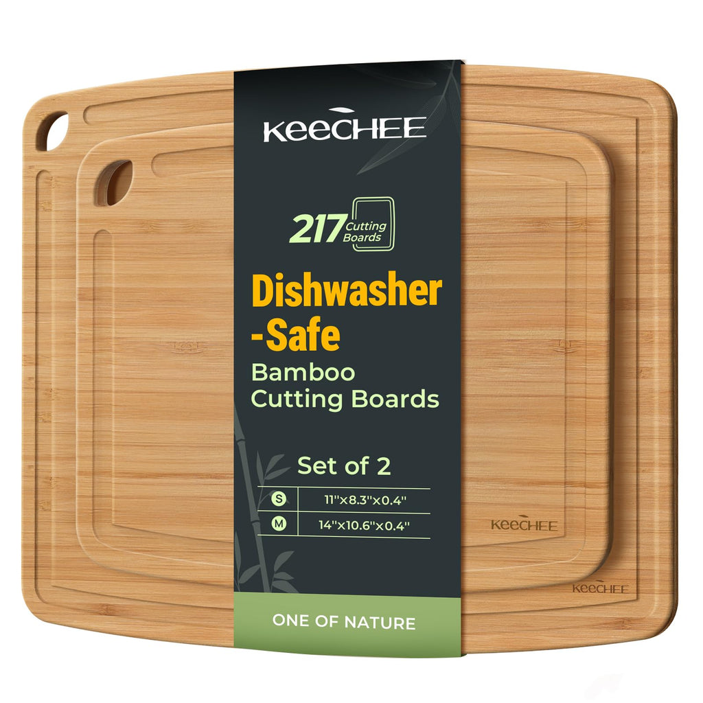 Keechee Dishwasher Safe Cutting Boards Durable Lightweight Wood Board for Busy Kitchen, Easy Storage & Clean Wooden Chopping Boards with Juice Groove Set of 2 (M+S)