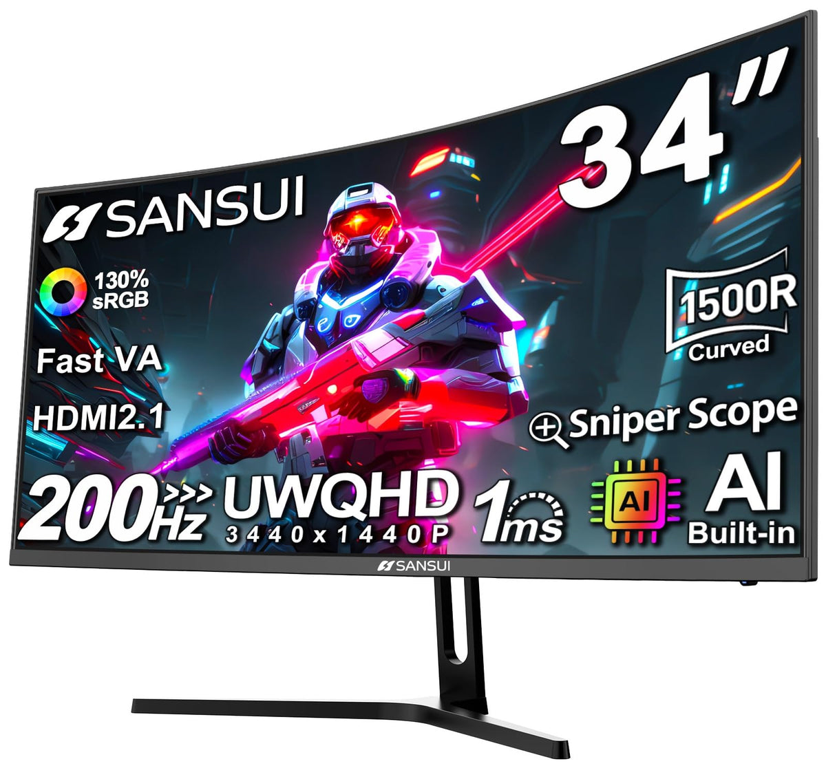 SANSUI 34-inch curved ultrawide gaming monitor front view on stand