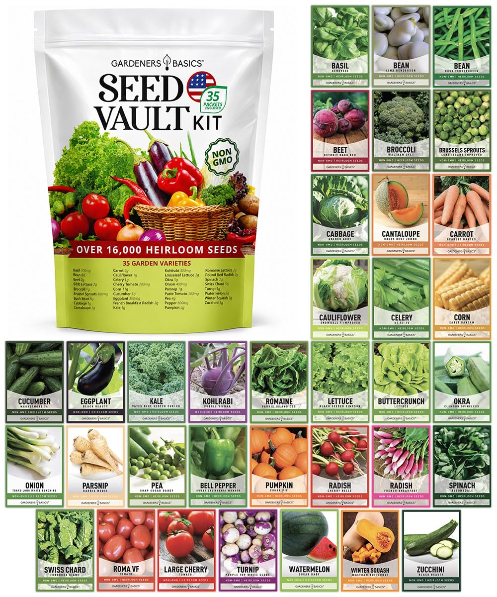 Survival seed vault can with labeled vegetable seed packets
