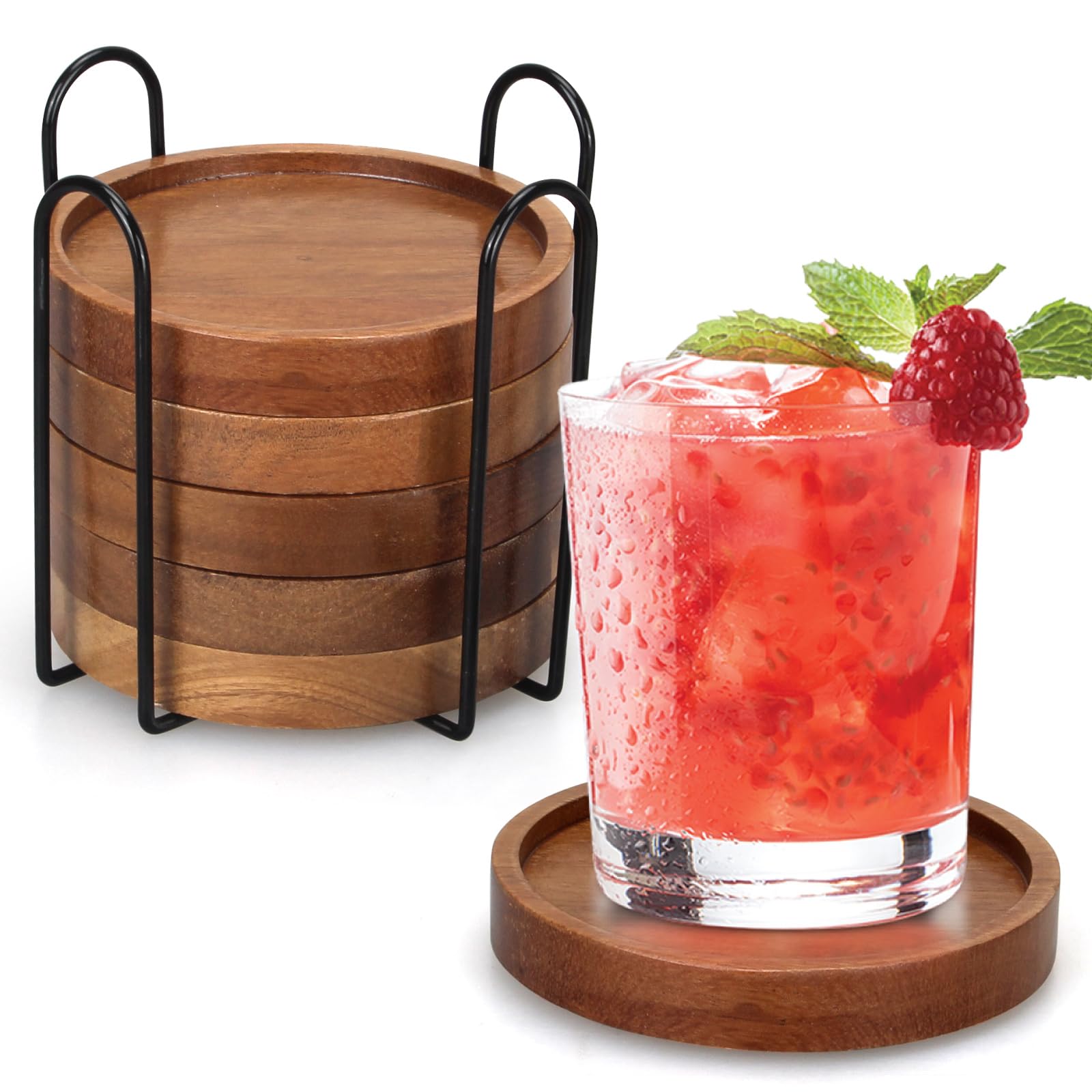Six round wooden coasters in a wooden holder on a coffee table