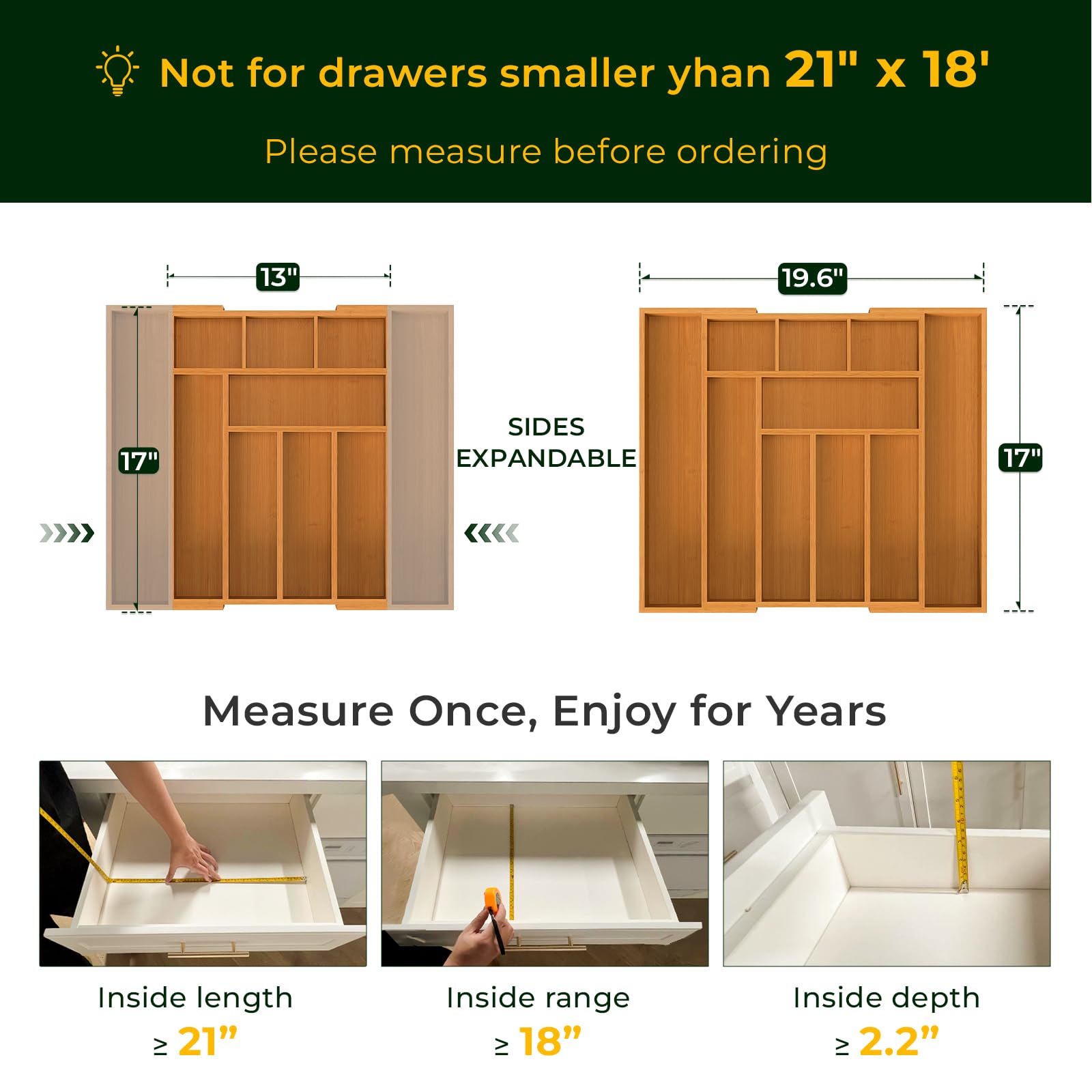 keechee 6-Piece Bamboo Drawer Organizer Set, 2.2" Deep Multi-Use Organizers for Utensils, Silverware, Cutlery, Desk, Bathroom, Junk Drawer & Makeup, Non-Slip Feet Included. image 2