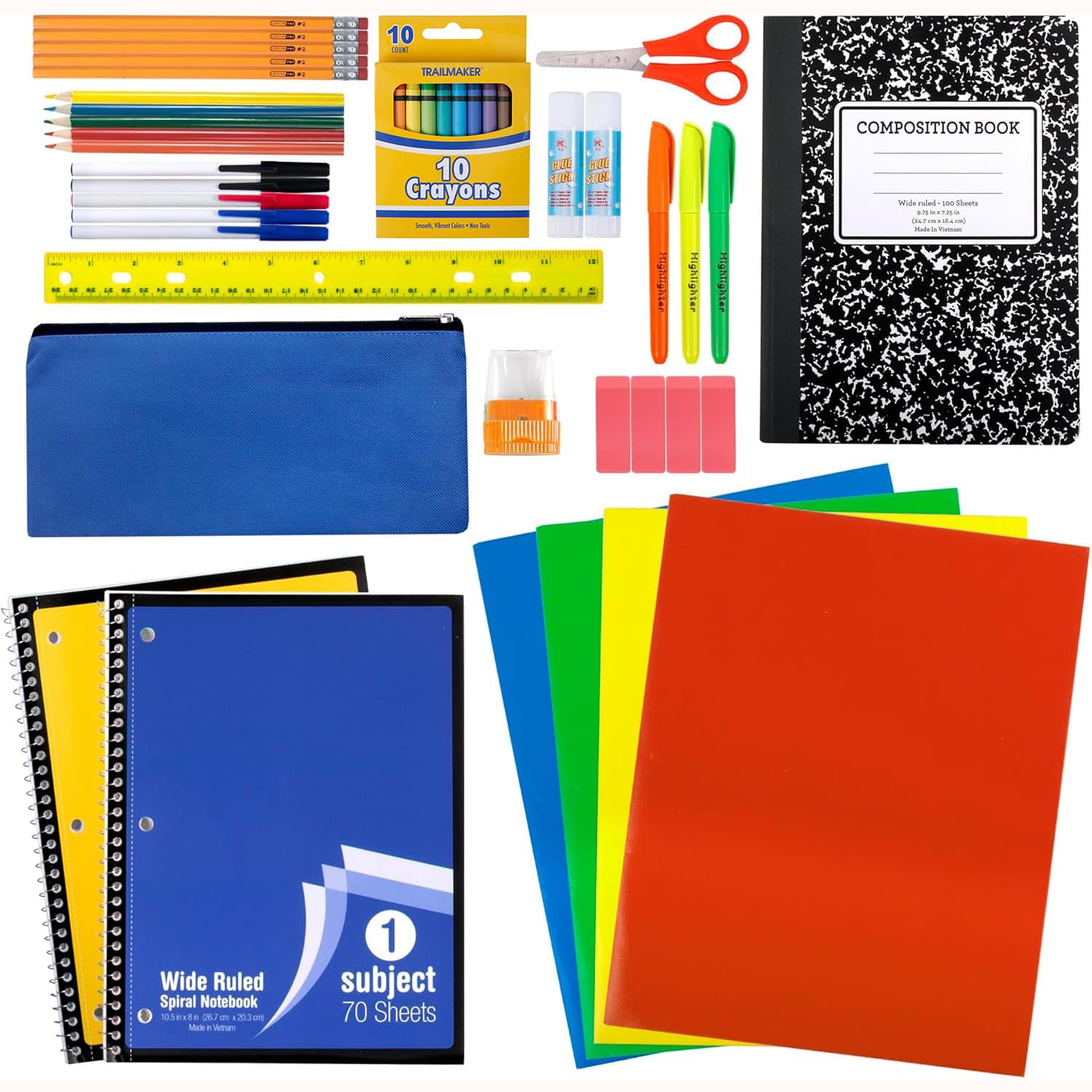 Trail maker 45-piece school supplies kit showing pencils, erasers, scissors, glue stick, ruler