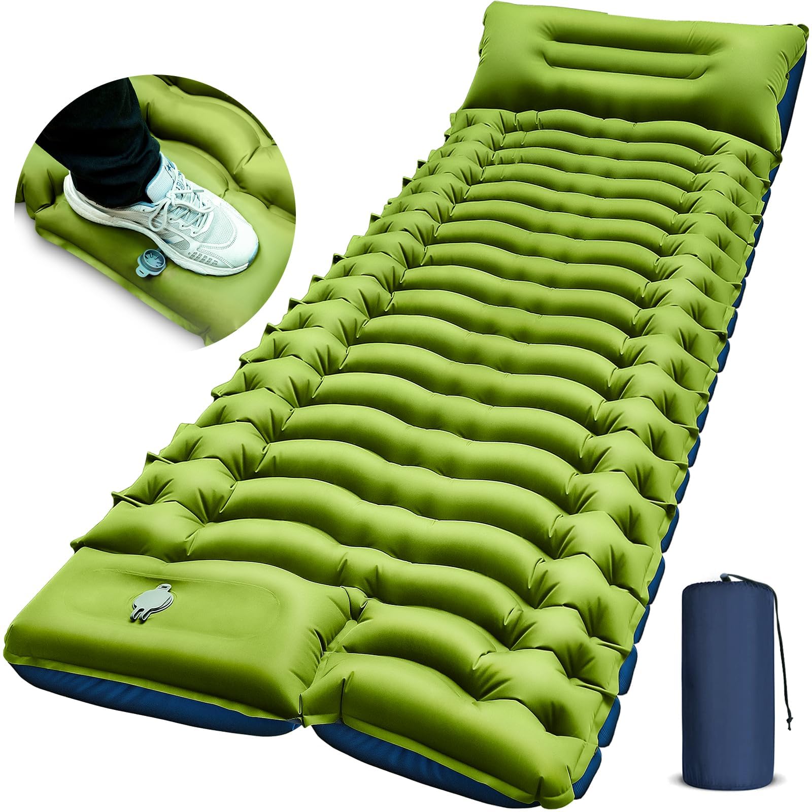 Green FUN PAC inflatable sleeping pad featuring built-in foot pump, integrated pillow