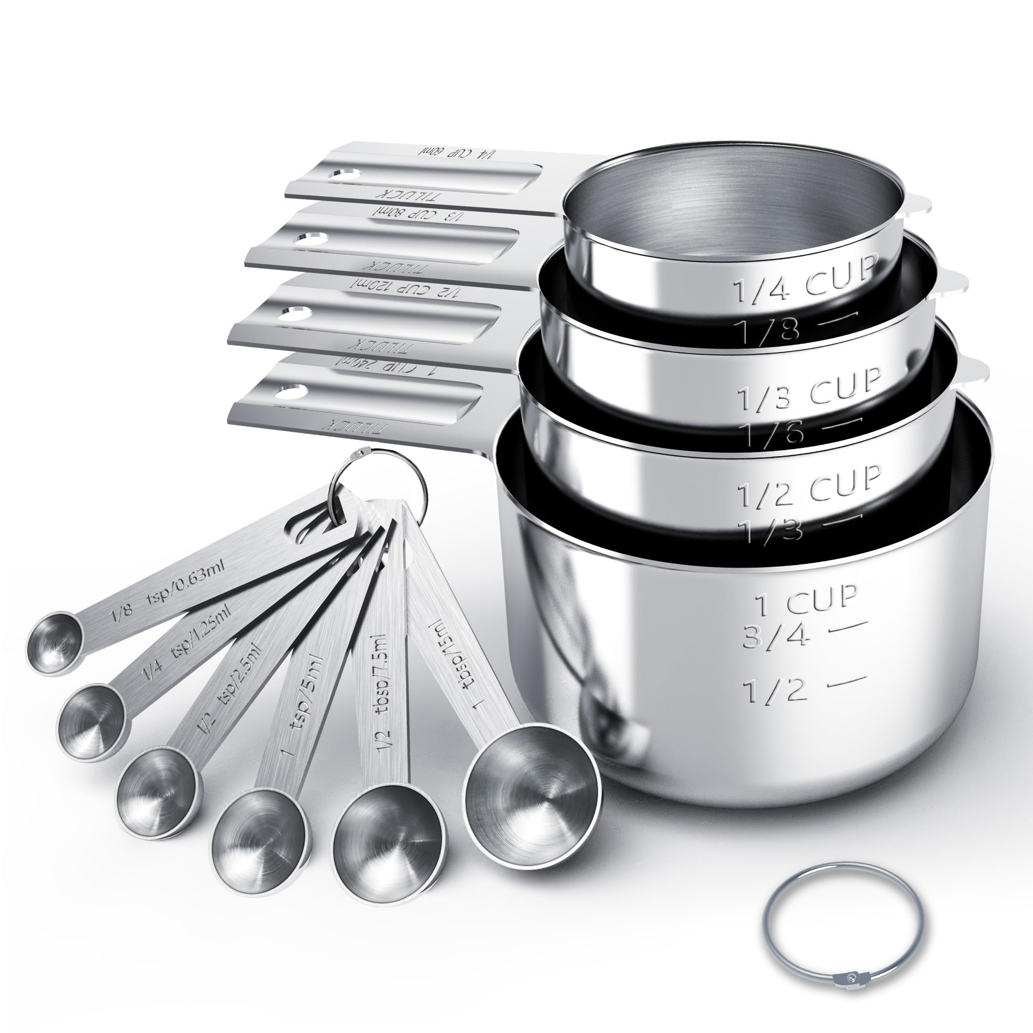 TILUCK stainless steel measuring cups & spoons arranged on white background