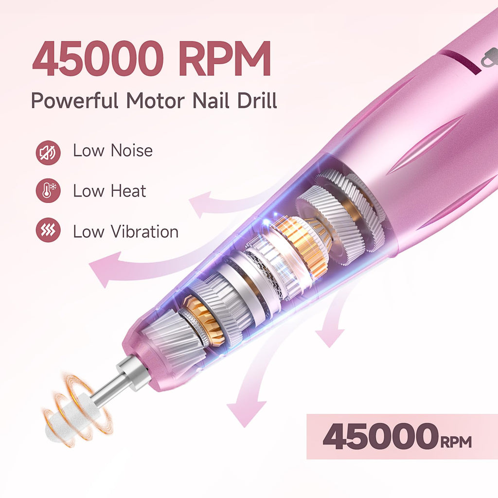 Professional Nail Drill Electric File 45000RPM, Portable Rechargeable Electric Nail File with 11 Drill Bits & 50 Sanding Bands, Low Noise Nail Drill Kit for Acrylic Gel Nails, Salon & Home Use, Pink image 2