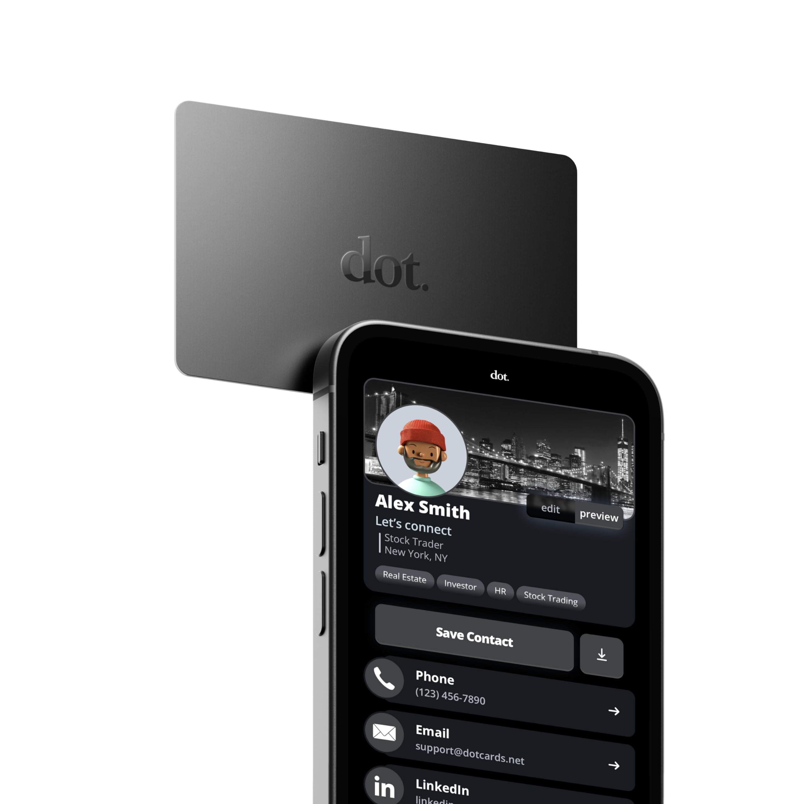 Black dot. tap-compatible digital business card on a table