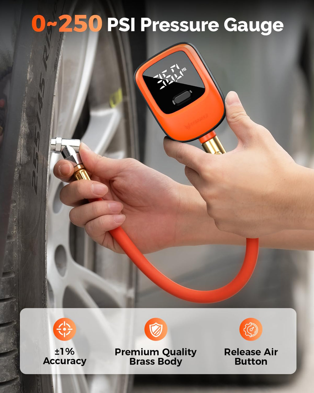 ETENWOLF T600 Digital Tire Pressure Gauge 250 PSI with Rubber Hose, Orange image 3