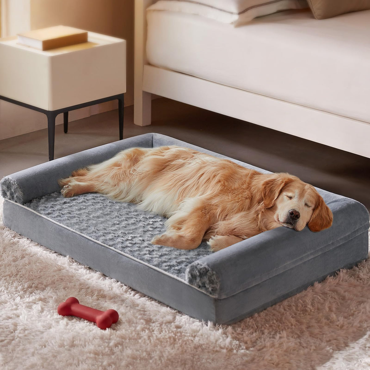 Large orthopedic washable dog bed with raised bolsters for senior dogs