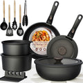 Black Astercook 21-piece ceramic pots & pans, detachable handles, stacked