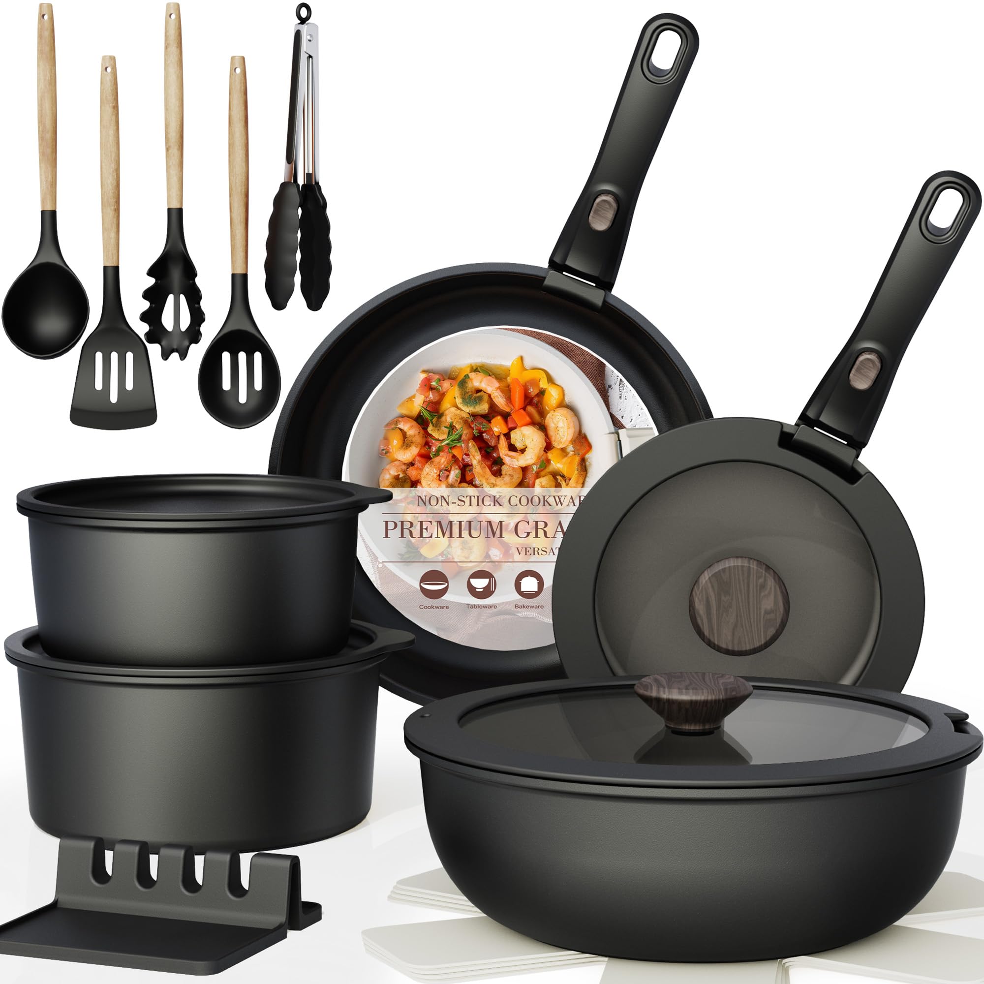 Black Astercook 21-piece ceramic pots & pans, detachable handles, stacked