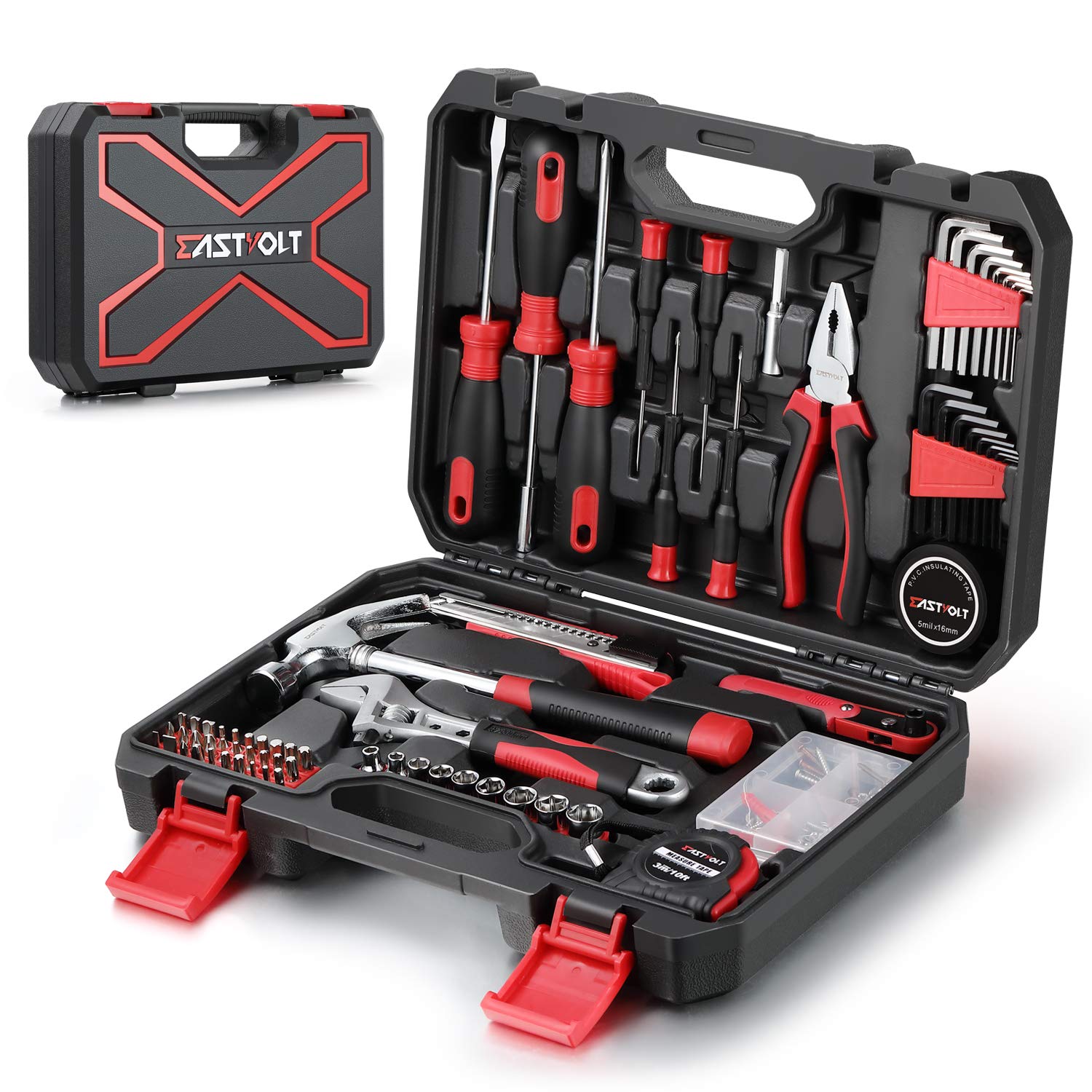 Eastvolt 128-piece home repair tool kit in black-red toolbox showing hand tools