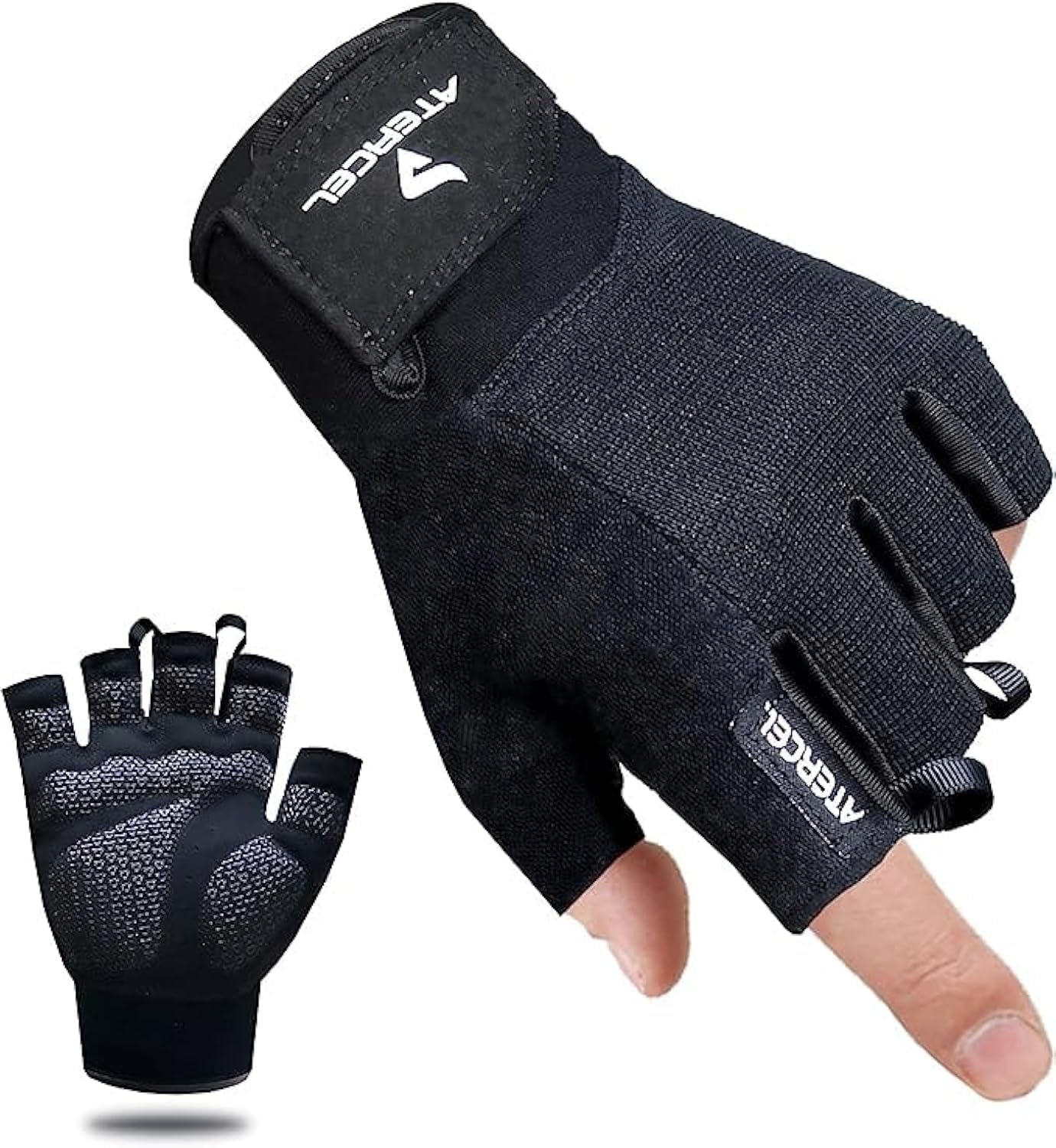 Black ATERCEL breathable workout glove (size L) showing palm padding and fingerless design