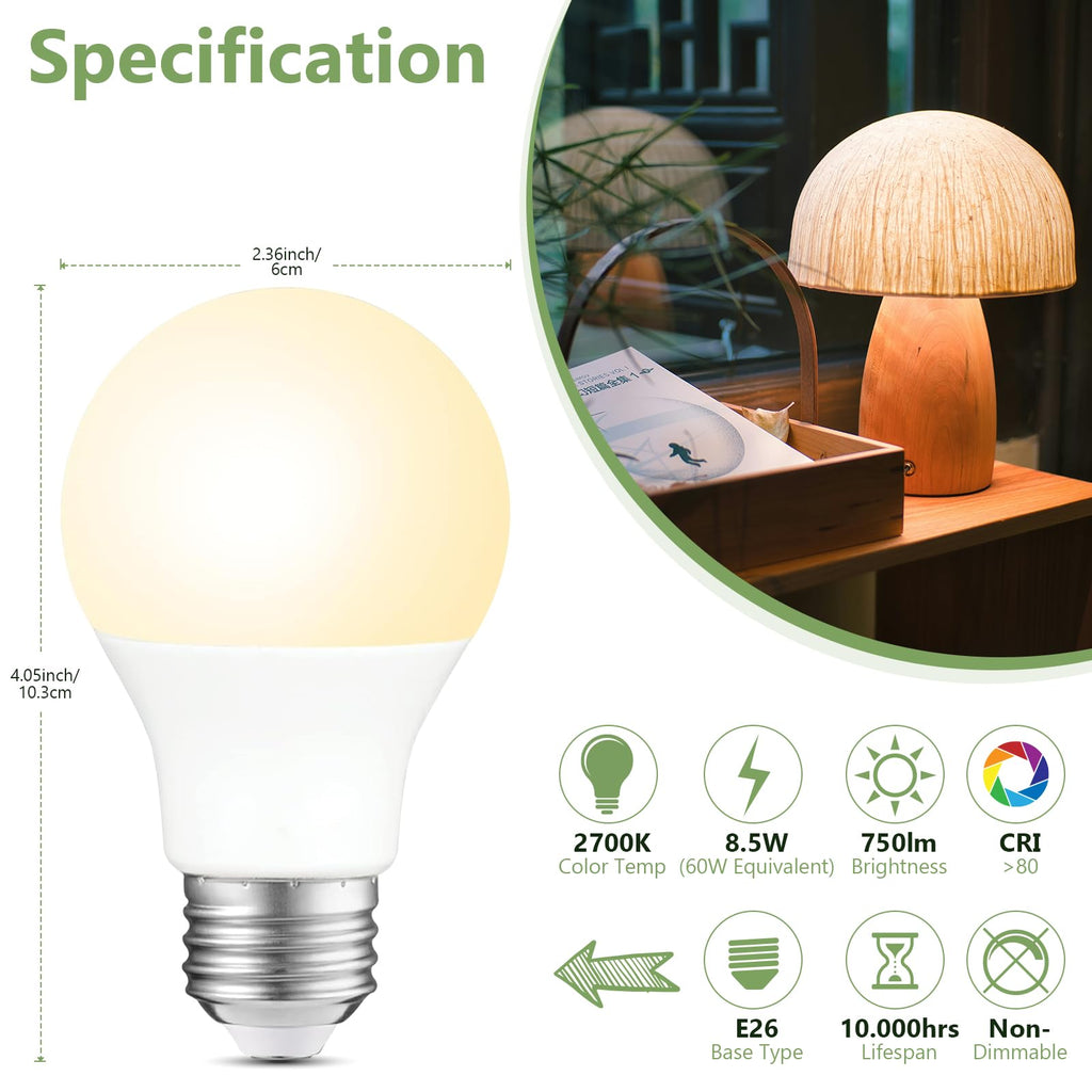 A19 LED Light Bulbs, 60W Equivalent Soft White 2700K, 750 Lumens Non-Dimmable LED Bulbs, Efficient 8.5W, 10000 Hours Long-Lasting E26 Base Standard Bulbs for Bedroom Living Room Kitchen, 10 Pack image 2