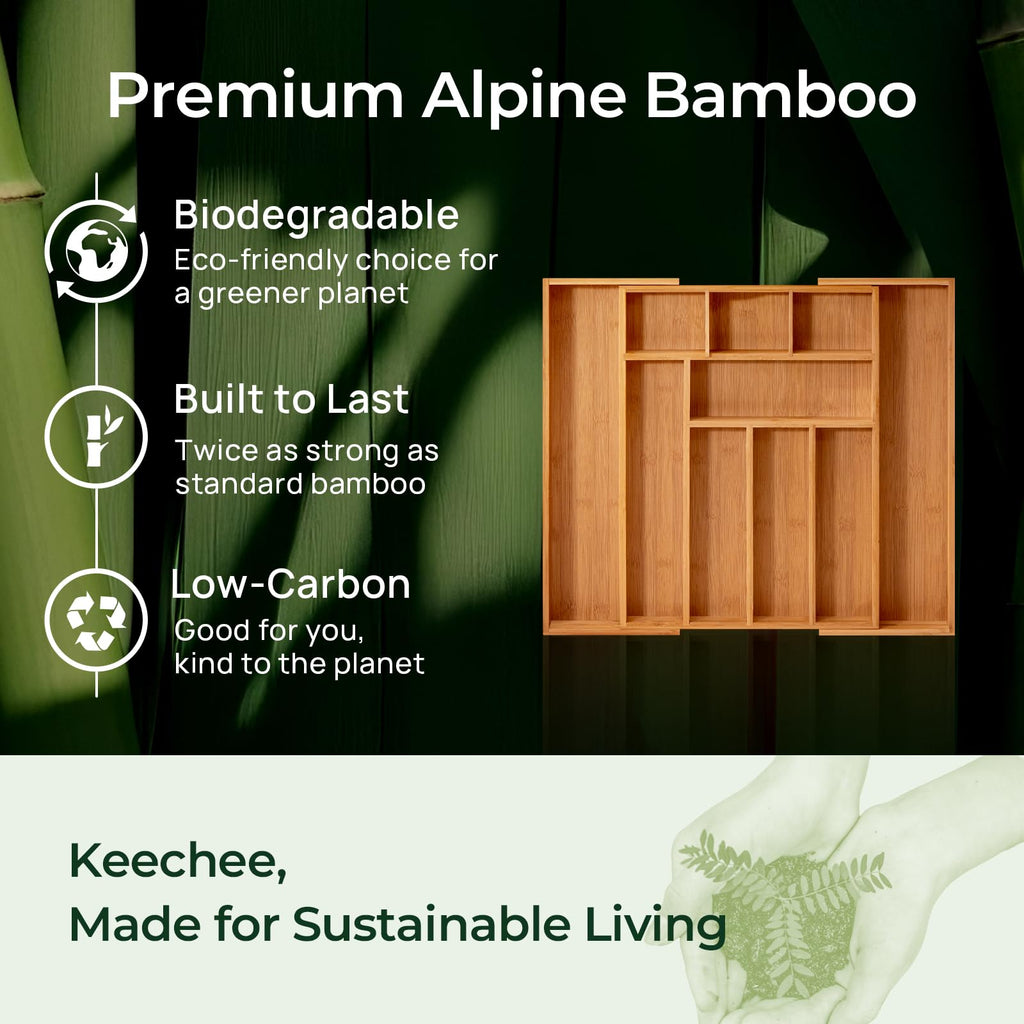 keechee Carbonized Bamboo Kitchen Drawer Organizer, 10 Slots Expandable Silverware Organizer, Utensil Holder & Cutlery Tray, 2.2" Deep for Extra Capacity, Non-Slip Feet Included image 7