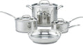 Cuisinart stainless steel pots pans lids on stovetop