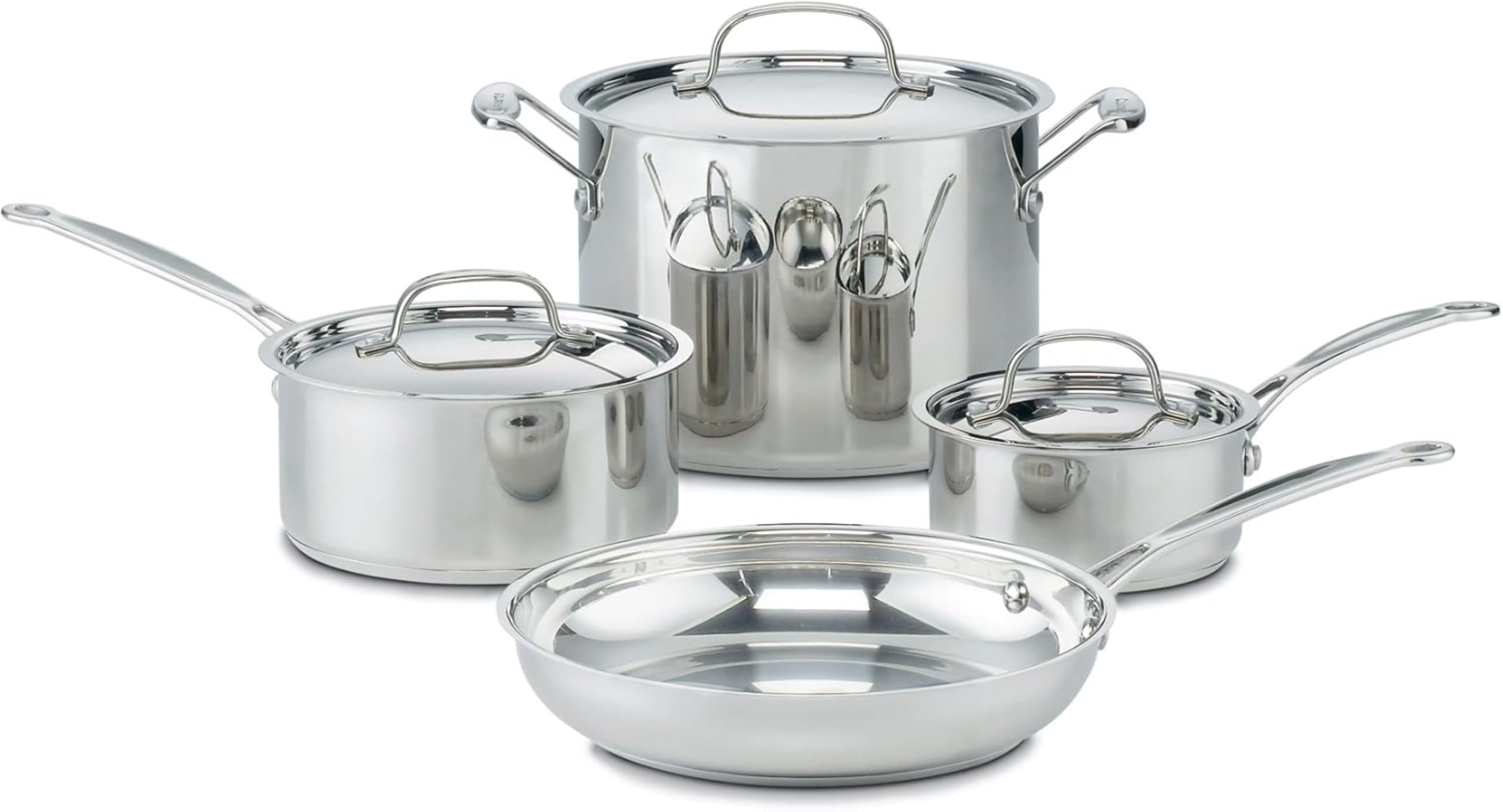 Cuisinart stainless steel pots pans lids on stovetop