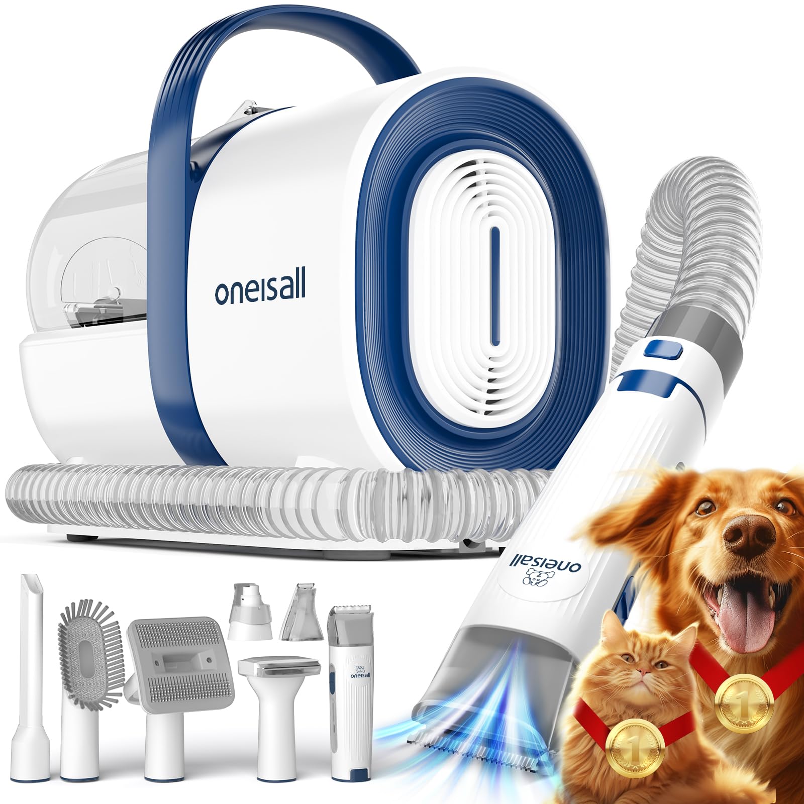 Blue oneisall dog grooming vacuum featuring 1.5L dust cup, deshedding brush, 7 grooming tools