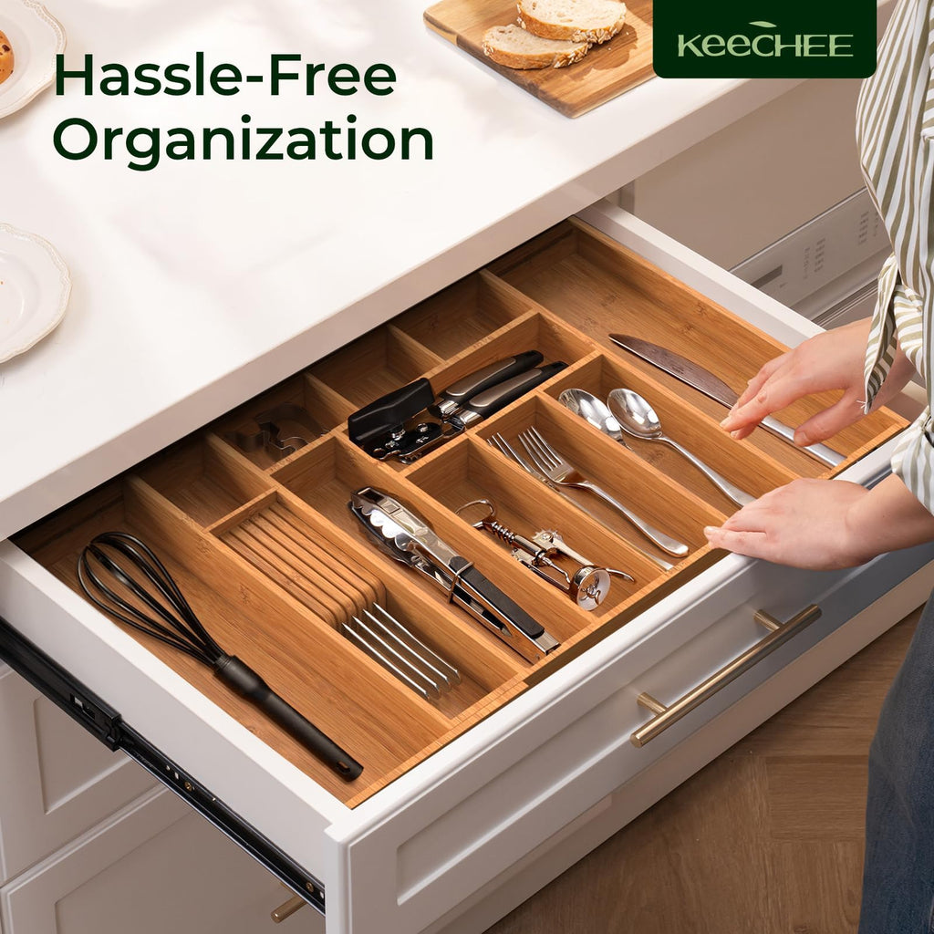 keechee Carbonized Large Kitchen Drawer Organizer, 12 Slots Expandable Silverware Organizer, Utensil Holder & Cutlery Tray, 2.5" Deep for Extra Capacity, Non-Slip Feet Included image 9