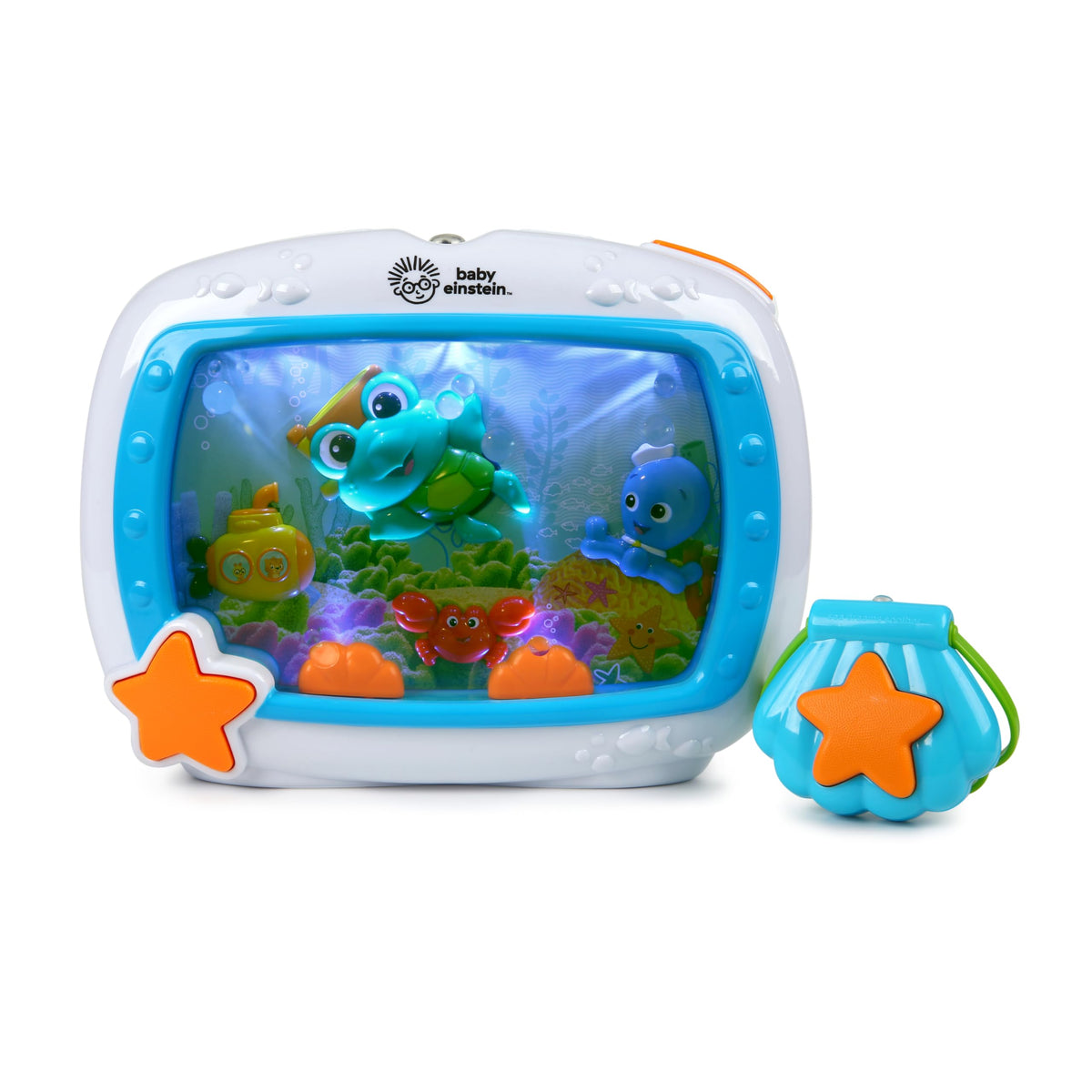 Baby Einstein Sea Dreams Soother musical crib toy attached to crib with plush sea character