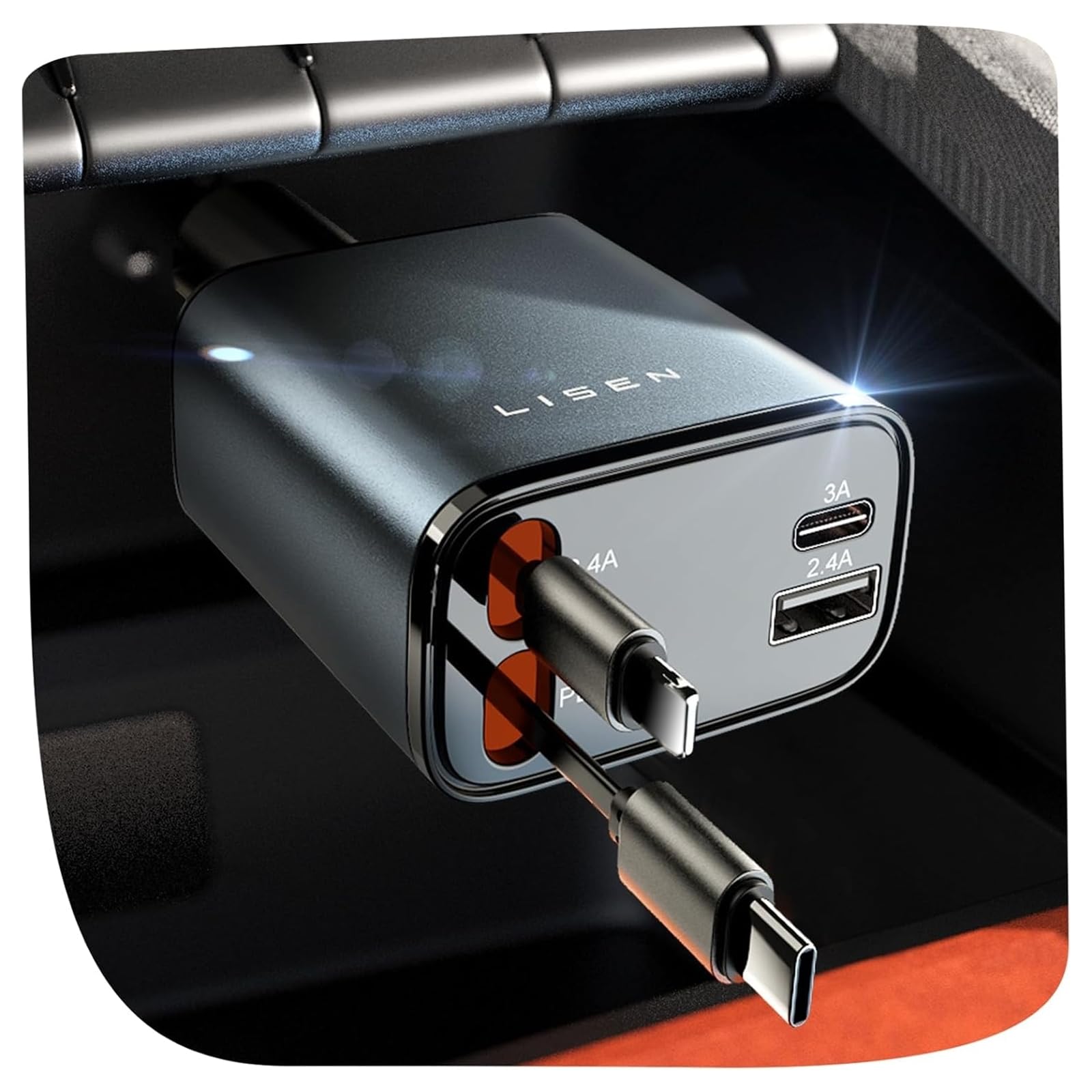 LISEN retractable 84W 4-in-1 car charger showing coiled cable and USB-C ports