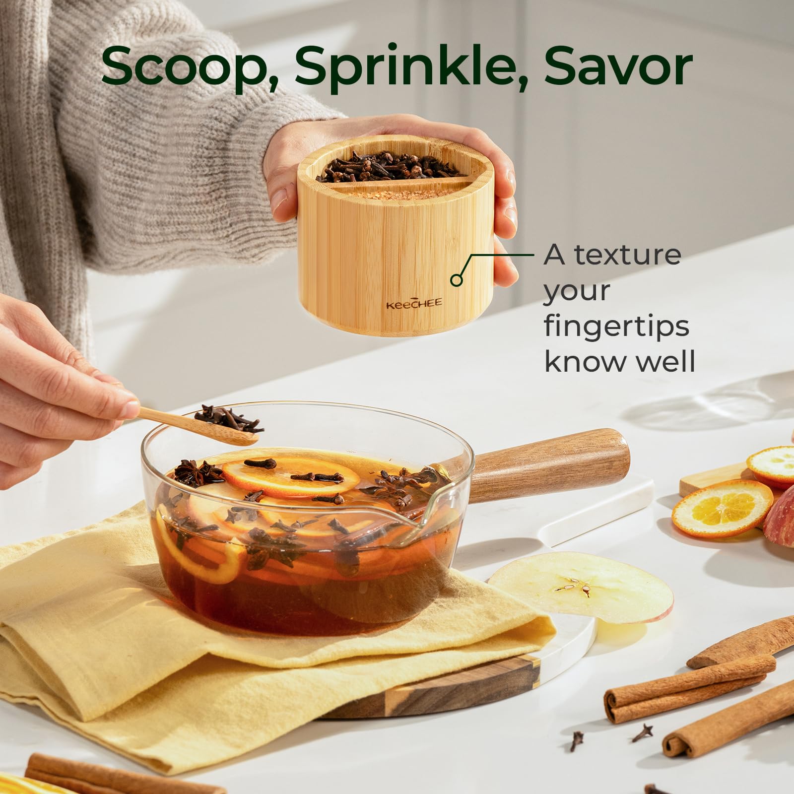 keechee Bamboo Salt Cellar with Acacia Lid & Spoon, 7oz Capacity with Built-In Spoon Slot & Labels, Two-Tone Countertop Seasoning Container (Dual Compartment (Divided) - 1 Pack) image 6
